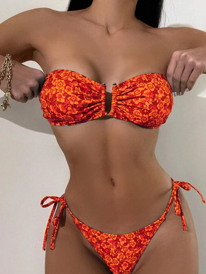 Swim Conjunto de Bikini de amarrar com floral do lado da faixa, traje de banho de verão na praia