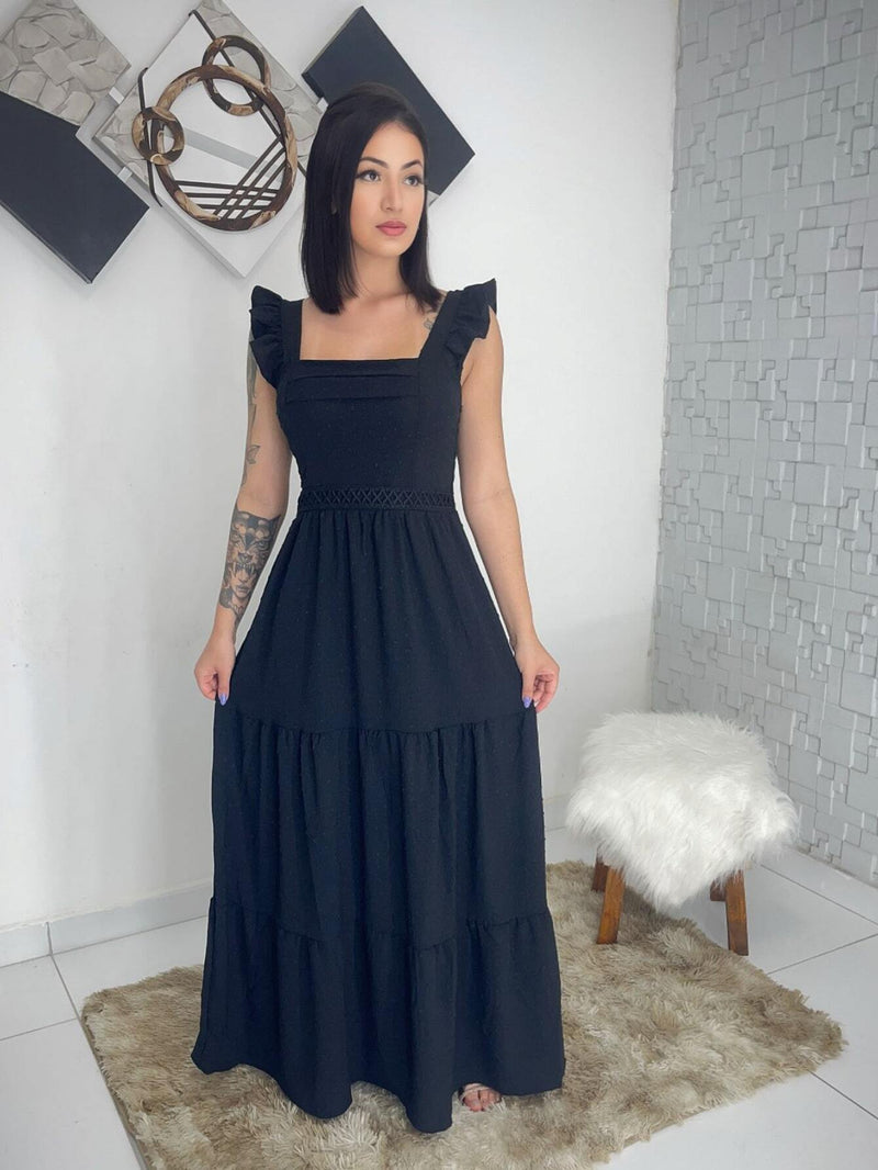 Vestido longo luxo com babada na manga renda na cintura