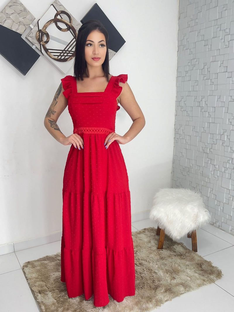 Vestido longo luxo com babada na manga renda na cintura