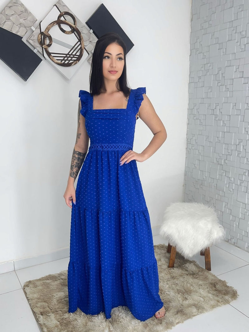 Vestido longo luxo com babada na manga renda na cintura