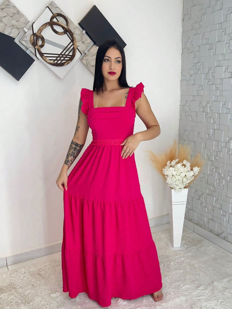 Vestido longo luxo com babada na manga renda na cintura