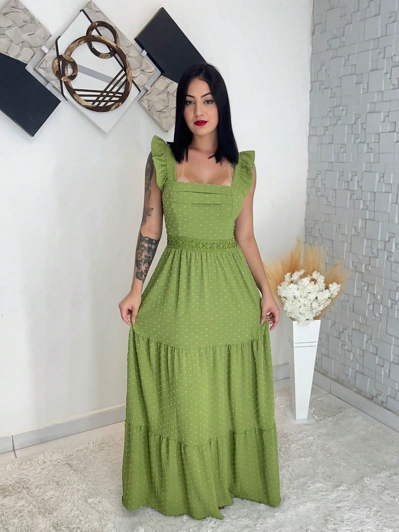 Vestido longo luxo com babada na manga renda na cintura