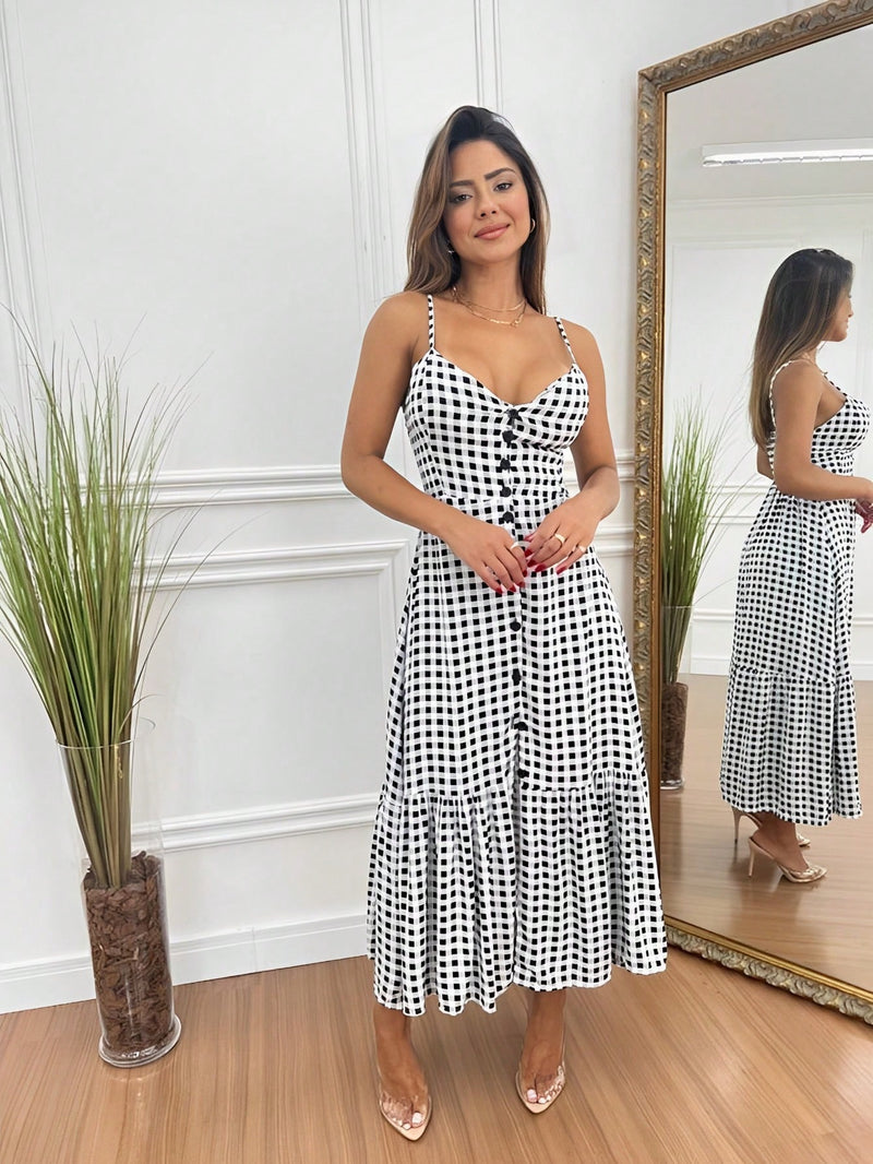 Vestido Longo Feminino Botão Na Frente Babado e Alça